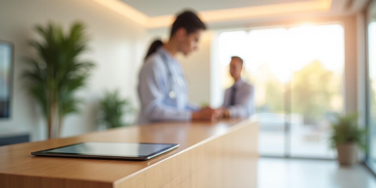Modern healthcare clinic reception showing a streamlined digital patient intake process